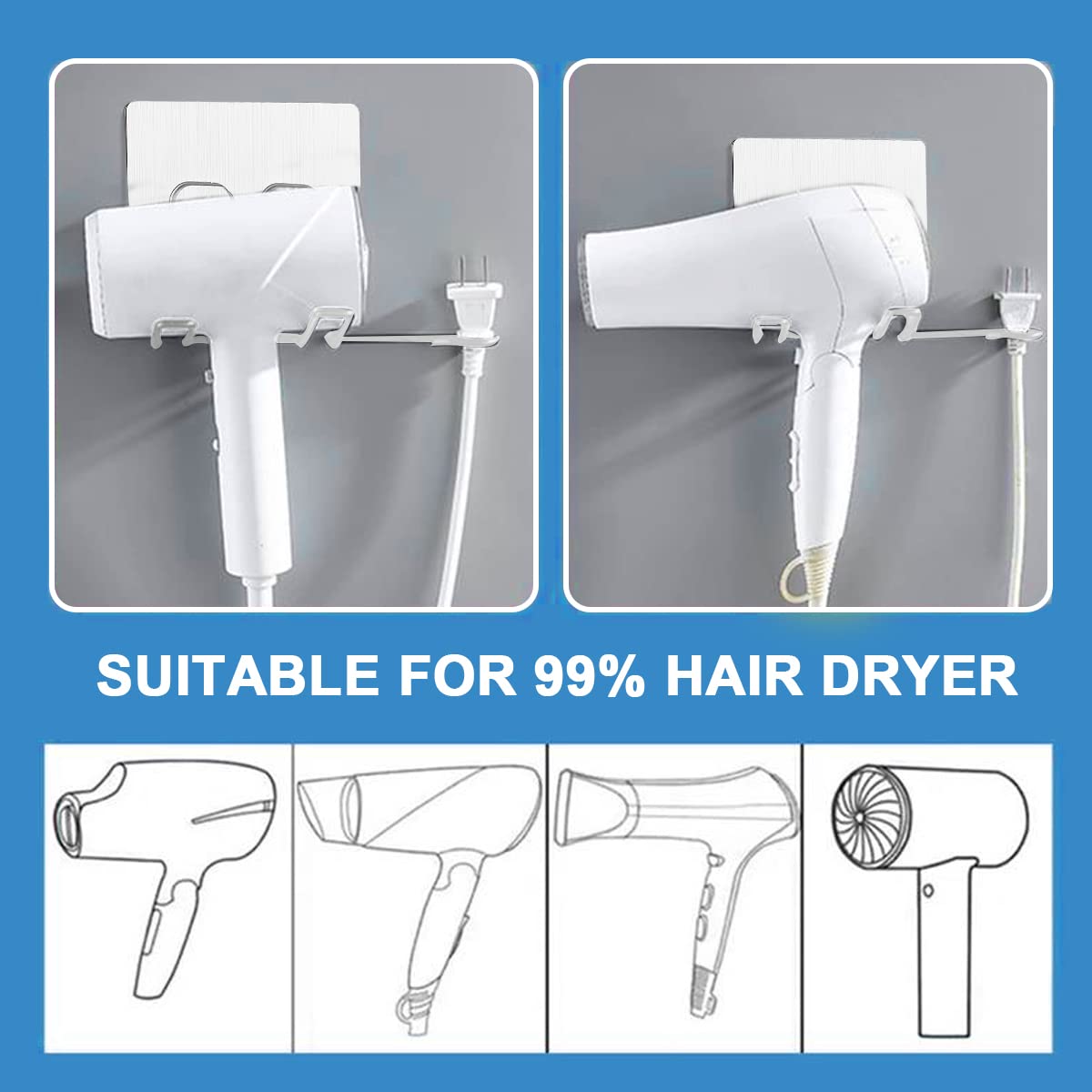 HASTHIP Hair Dryer Holder Wall Mount Stand Self Adhesive Waterproof Blow Dryer Rack Storage Organizer Hanger, Suitable for Most Hair Dryer Models, Brush, Curling Iron, Straightener (silver)