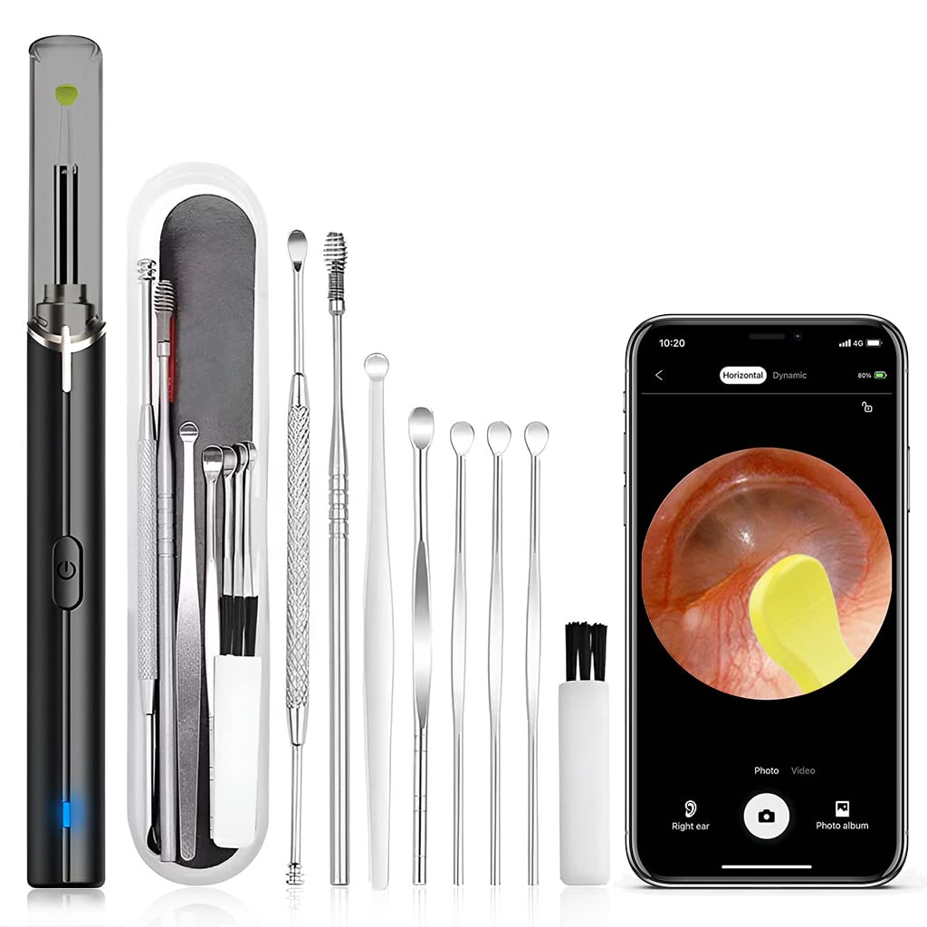 Verilux® Ear Wax Remover Tool Kit Camera 9 Pcs Otoscope Ear Cleaner Wireless 1080P HD 3.5mm Ear Wax Cleaner with 6 Led Light 350mAh Ear Camera for Cleaning Ear Cleaner Camera for iOS & Android, Black