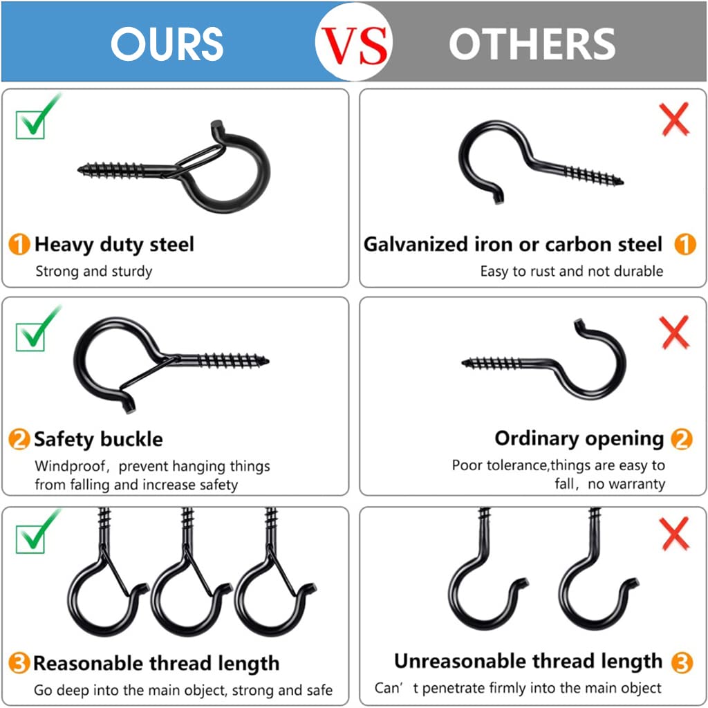 HASTHIP Screw Wall Hooks for Outdoor String Lights with Safety Buckle 20pcs Black | Steel Ceiling Cup Hooks