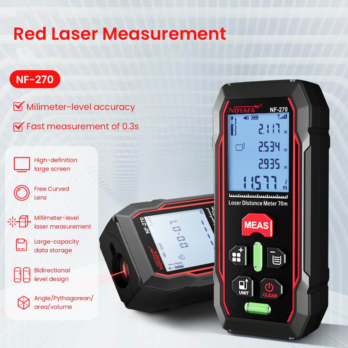 Serplex Laser Measuring Device for Construction featuring Dual Bubble Level Design ±1.5mm | 229ft LCD Backlit Distance Meter