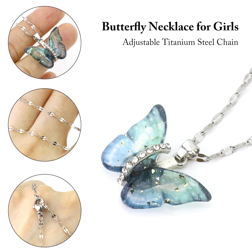 Zibuyu Butterfly Necklace for Women featuring Blue Cubic Zirconia and Adjustable 15.75+3.94 in Titanium Steel Chain