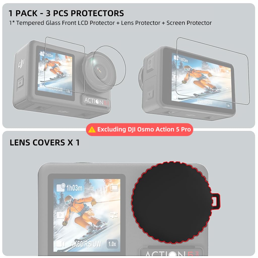 ZORBES® 5PCS Screen Protectors Set for DJI Osmo Action 5 Pro, HD Screen Protectors with Silicone Lens Cover, HD Anti-glareTempered Glass Screen Protectors for Front Screen, Back Screen, Camera Lens