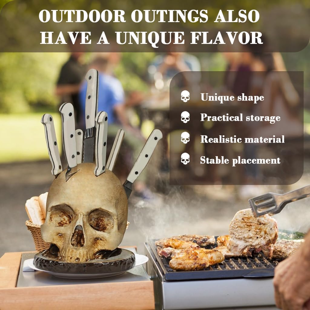 Supvox Skull Shaped Blades Holder for Kitchen and Halloween Decor with 7 Slots | Wooden Base
