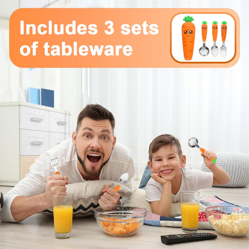 Supvox Spoon and Fork Set for Toddlers with Case featuring Carrot Handles and Serrated Spoon
