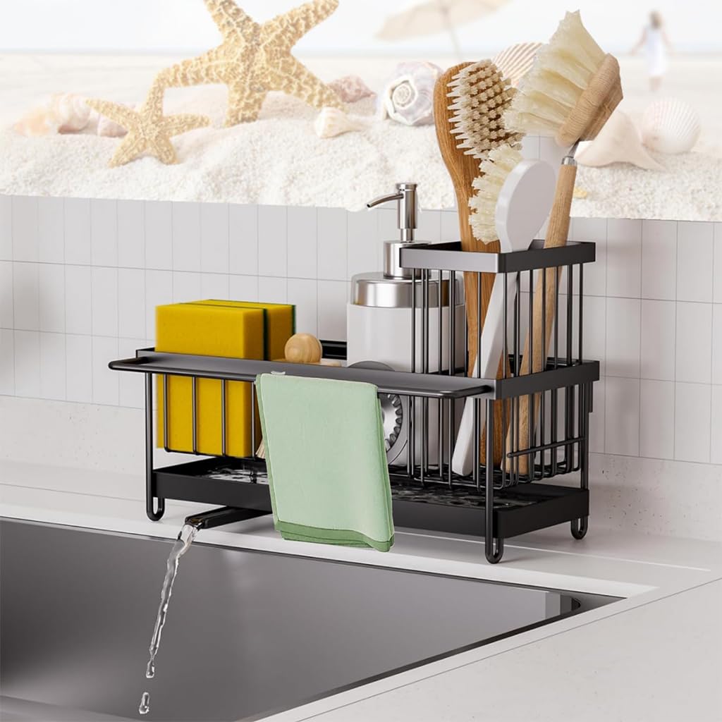 HASTHIP® Kitchen Sink Organizer - Sink Caddy with Brush Holder Self-draining Kitchen Sponge Caddy Organizer with Divider Stainless Steel Sink Accessories Storage for Countertop, Black 23x9x16cm