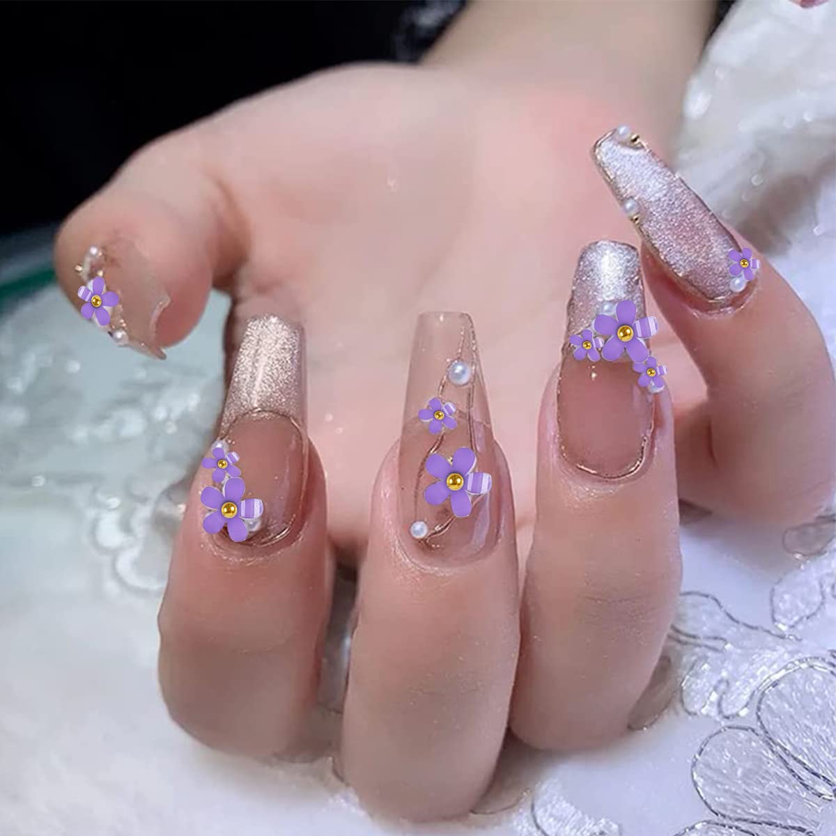 MAYCREATE 3D Flower Nail Charms for DIY Nail Art with 400 pcs Acrylic Decals | Blue and Purple Designs