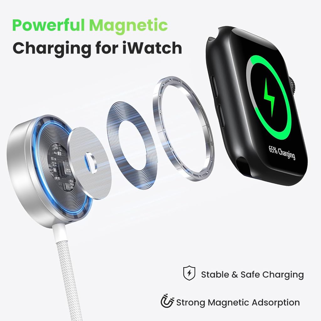 Verilux 4 in 1 Watch Charger Cable for Apple with 4.9 ft USB C Fast Charging Pad | Dual Device Power