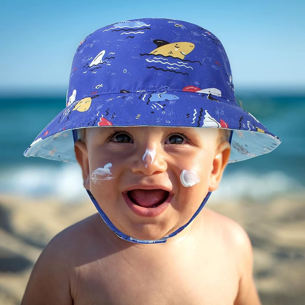 SNOWIE SOFT® Sun Hat for Baby Beach Hat Bucket Hat for Girls Boys Fashion Reversible Cartoon Hat for Boys Girls 3-6 Months, UPF50+ Sun Protection Beach Hat with Chin Strap, Head Circumference 46CM