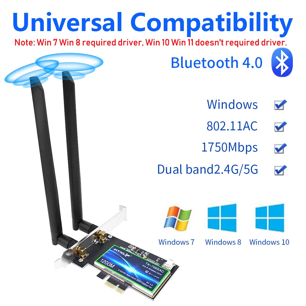 Verilux AC1200 PCIe WiFi Card - AC1200 Wi-Fi Bluetooth 4.2 PCI Express Adapter with Two Antennas, PCIe Network 2-in-1 Interface Card, Dual Band Wi-Fi Wireless PCI-E Adapter