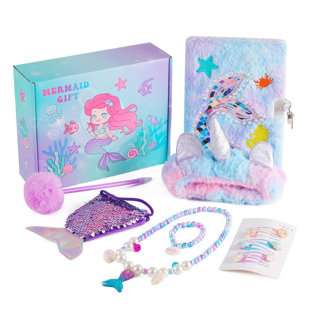 PATPAT Cute Mermaid Diary Gift Set for Girls with Lock and Plush Cover | Includes Hair Accessories, Purse and Jewelry