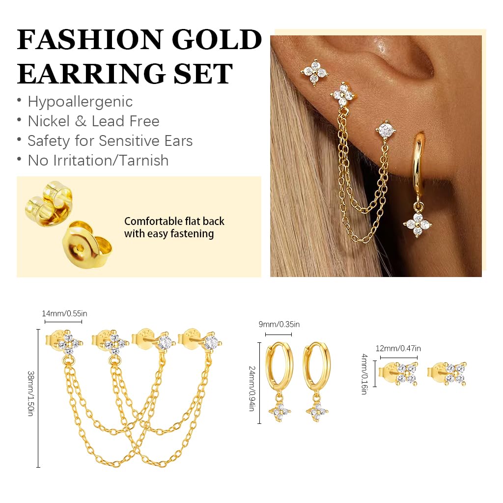 SANNIDHI Earrings Set for Women featuring 3 Pairs Zircon Stud Hoop and Chain Styles | Hypoallergenic Gold Jewelry
