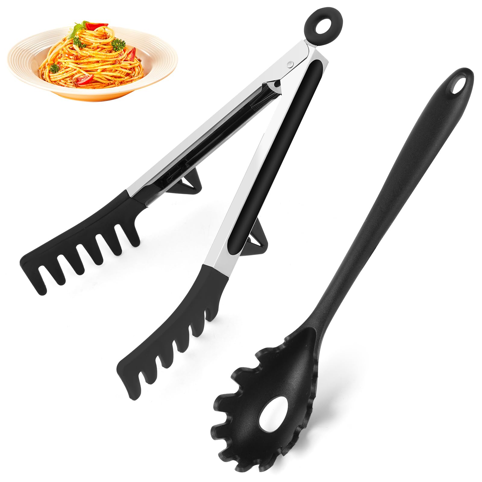 HASTHIP® Upgraded Silicone Spaghetti Spoon and Pasta Tong Set – Sturdy Pasta Fork with Teeth, Noodle Spoon Server, and Multi-Purpose Tongs