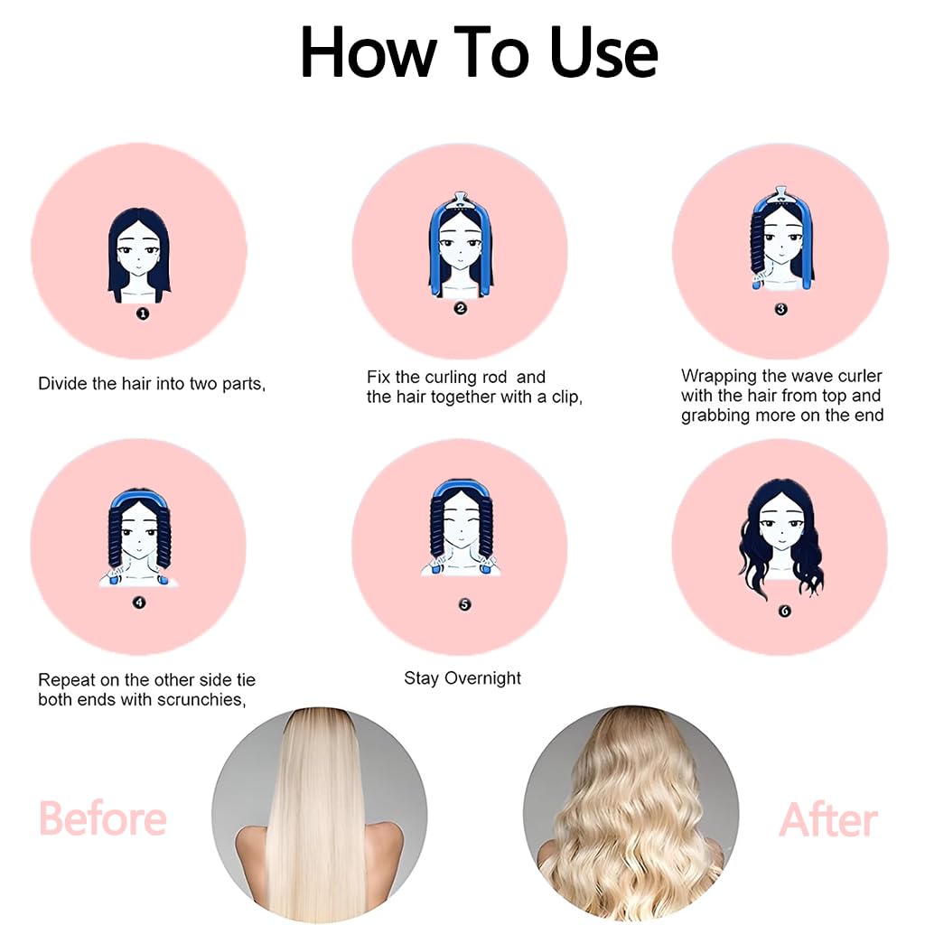 ZIBUYU Heatless Curler for Women with Hair Claw Clip and 2 Scrunchies | Soft Pink Overnight Waves