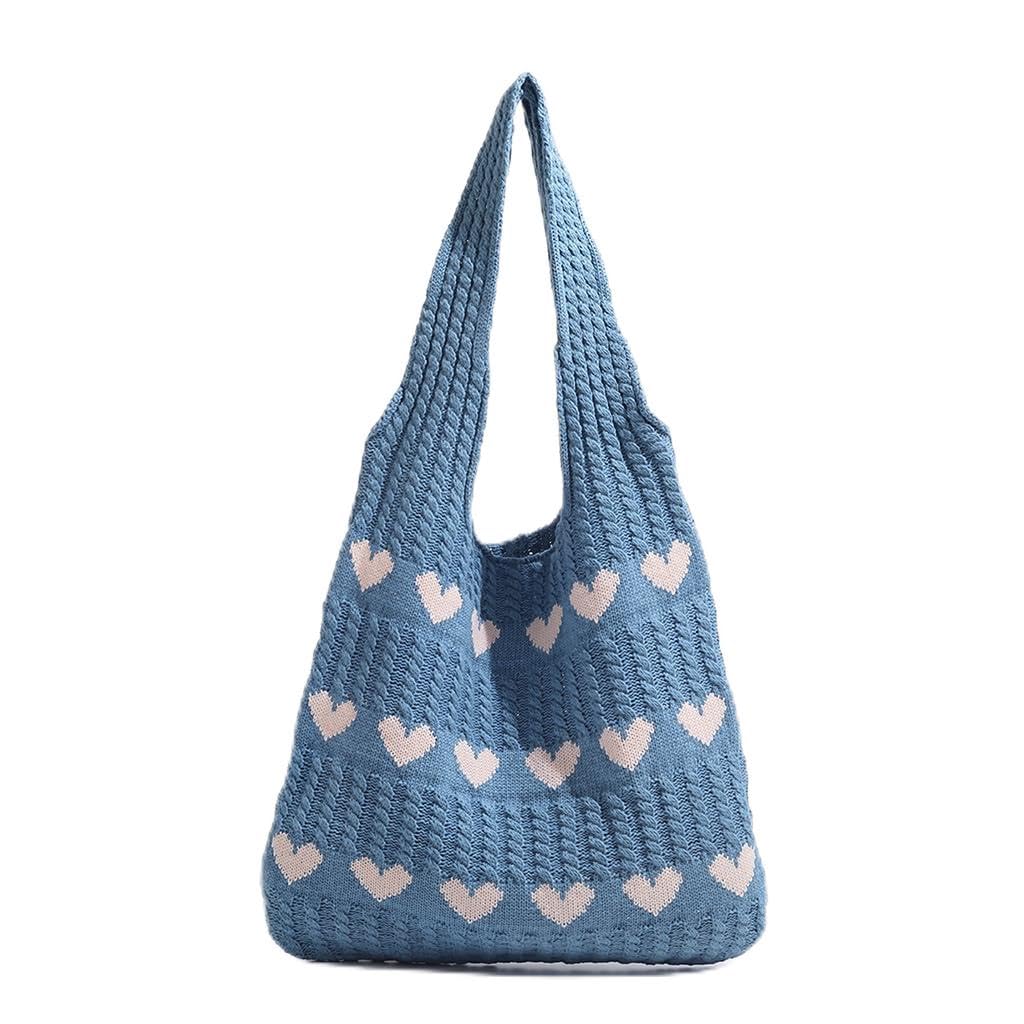 Zibuyu Crochet Heart Tote Bag for Work School and Beach with Plush Charm | Cream and Red Knit Style