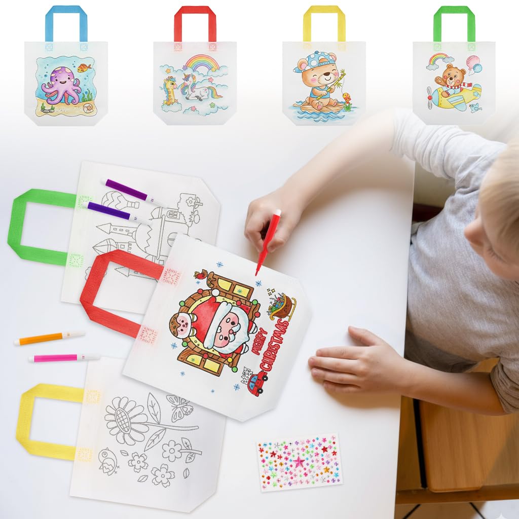 PATPAT Coloring Goodie Bags for Kids Birthday Party with 31Pcs DIY Drawing Kit | Non Woven Reusable Tote 22.5x23.8cm