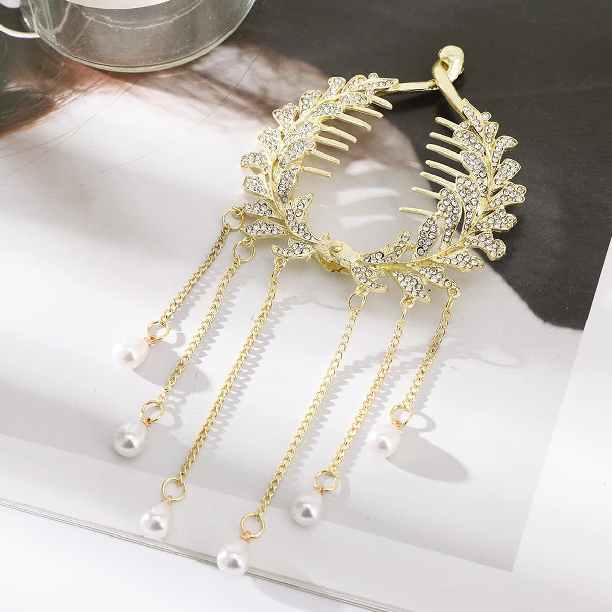 SANNIDHI Pearl Tassel Hair Bun Clip for Wedding and Party with Self Lock Design | Alloy Rhinestone Accessory for Women