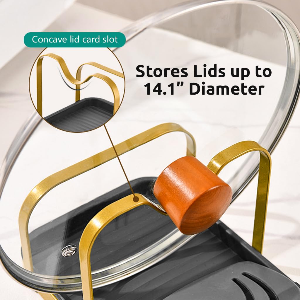 HASTHIP Spoon Rest Pot Lid Holder for Kitchen Organization with Detachable Drain Tray 20x13.8x11.5cm featuring Metal Dual Golden Black Design