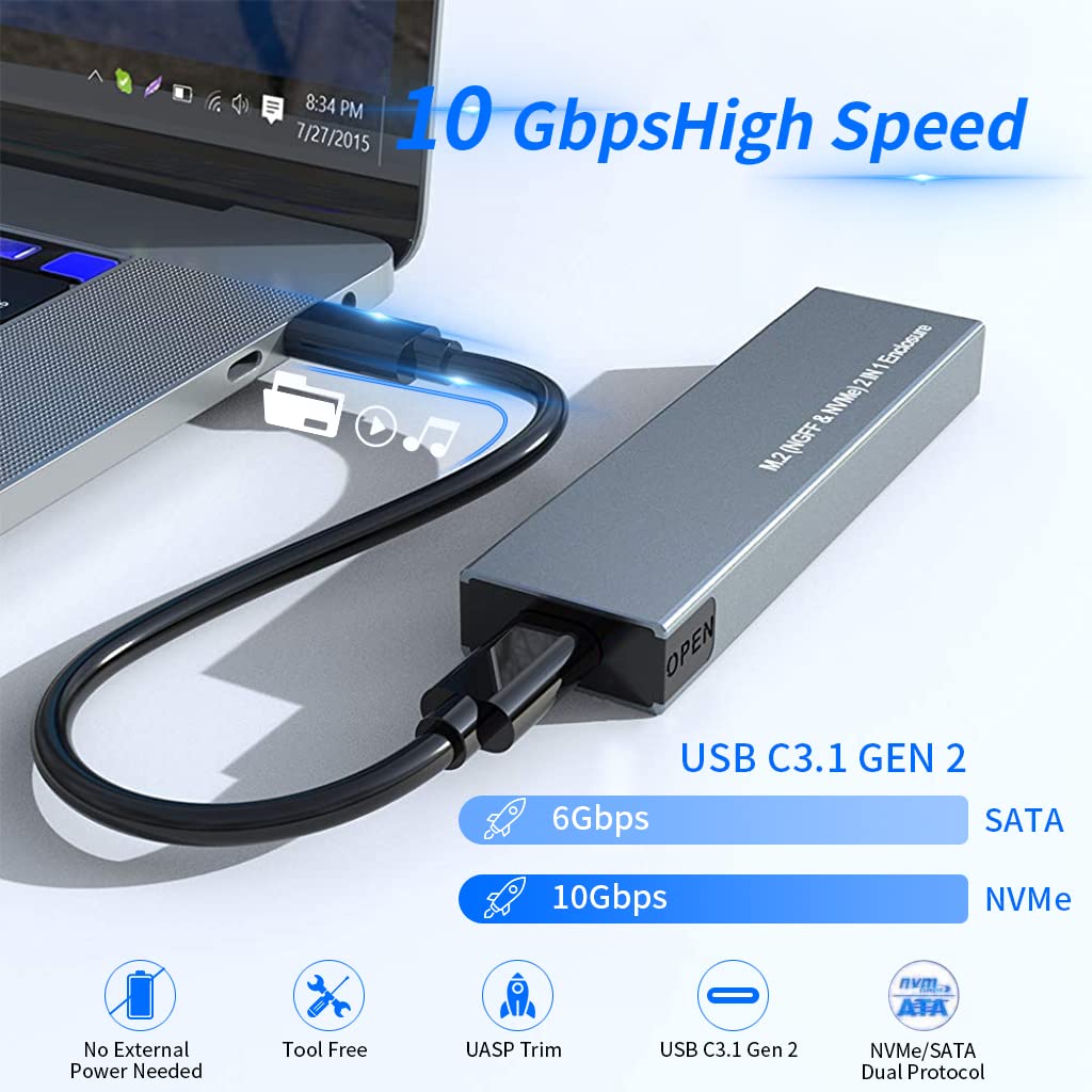 Verilux® M.2 NVME SATA SSD Enclosure, Dual Protocol Aluminum Alloy SSD Case with USB C 3.1 Gen 2 USB3.0 to M.2 M-Key B+M Key Enclosure, Support Up to 2TB, Fits 2230 2242 2260 2280, USB Type C Devices