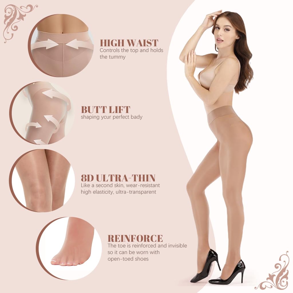 PALAY Sheer Tights for Women featuring Control Top Support and 85% Nylon 15% Spandex | Glossy Nude Finish