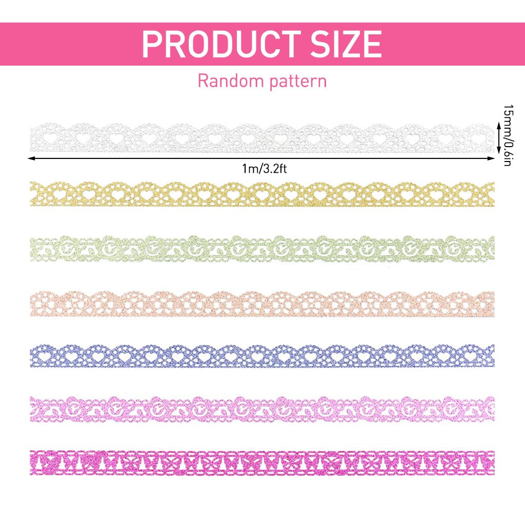 HASTHIP® 7 Rolls Glitter Lace Tapes DIY Crafting Decorative Tape 7-Color Slim Hollow Out Trim Tape Scrapbooking Tape Lace Trim Tape for DIY Crafting Scrapbooking Photo Album, 15mmx3.3ft