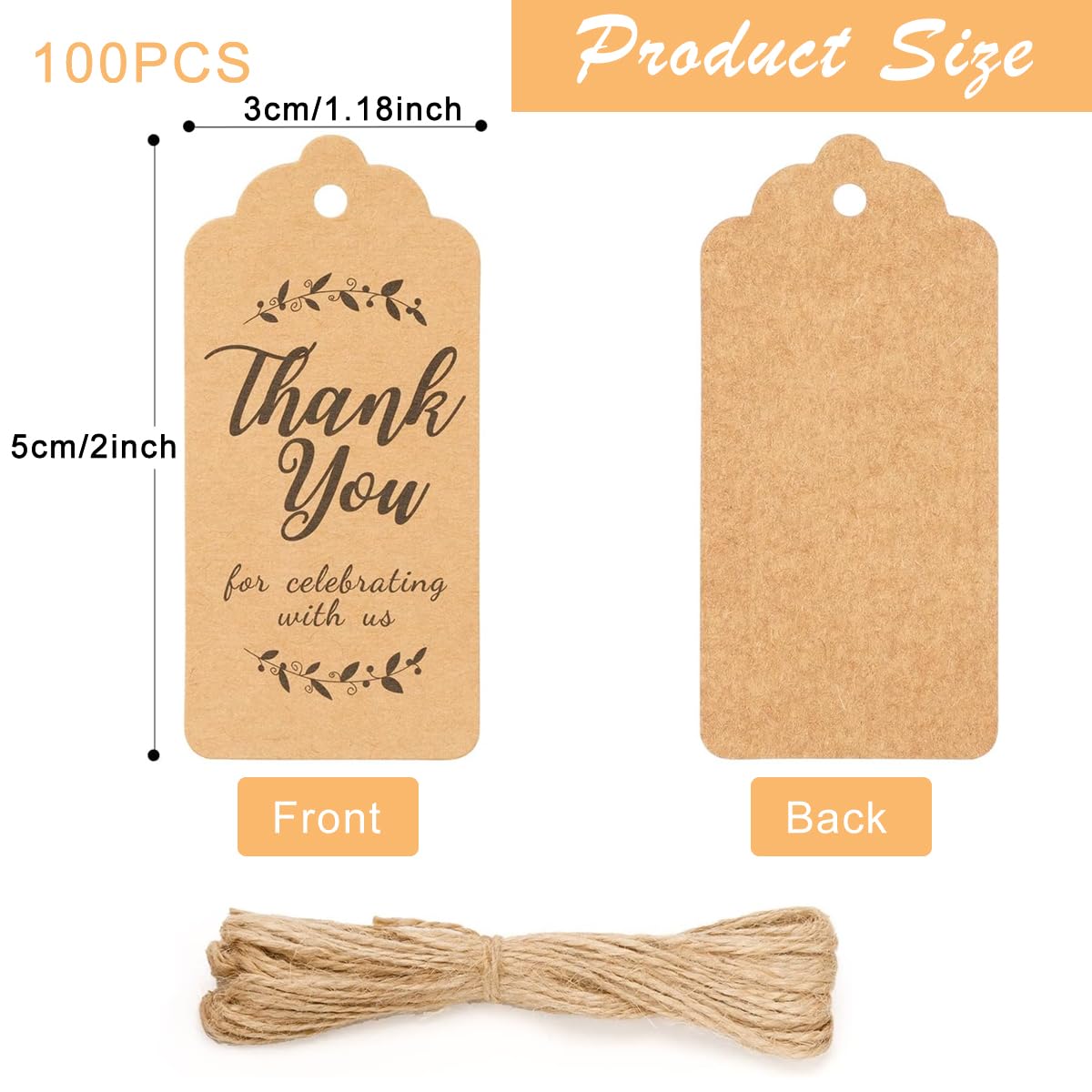 HASTHIP Thank You Tags for Gifts 100 pcs 1.2x2 in with Hemp Lines and Wave Edge Design | Wedding and Party Favors