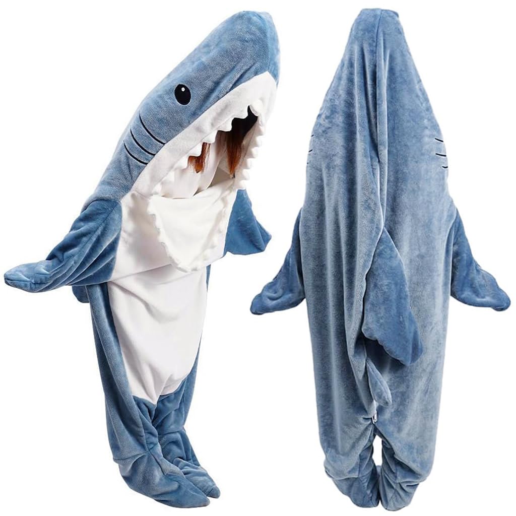 ZIBUYU® Adults Sleeping Bag Pajamas Warm Flannel Hoodie Sleeping Bag Cute Shark Hoodie Pajamas Sleeping Bag Soft Plush Sleeping Bag for Sleepovers Pajamas Party Sleeping Bag for Teens & Adults, XL