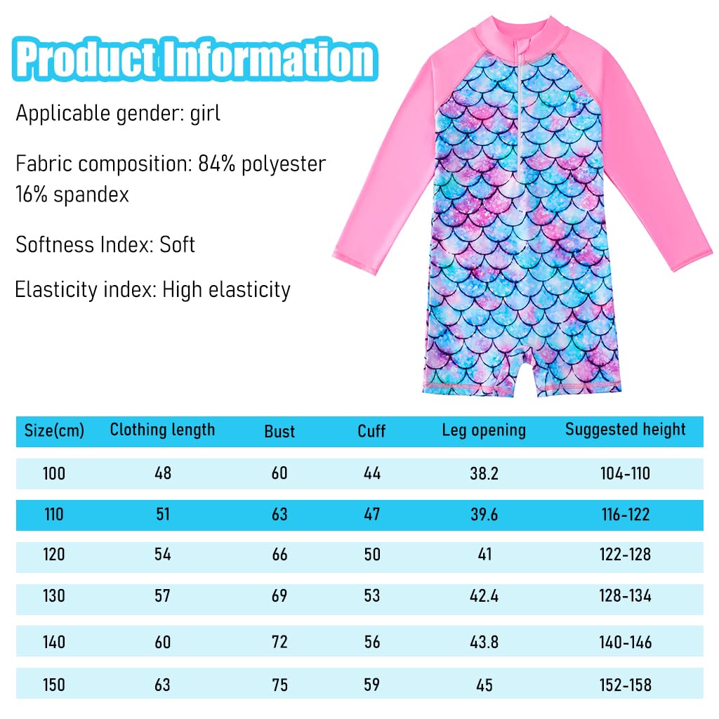 Optifit® Swimming Costume for Girls with Long Sleeve, One-Piece Mermaid Print Swimming Suit for Girls, UPF 50+ Rash Guard Swimwear for Pool Parties, Beach, Swimming, Vacation