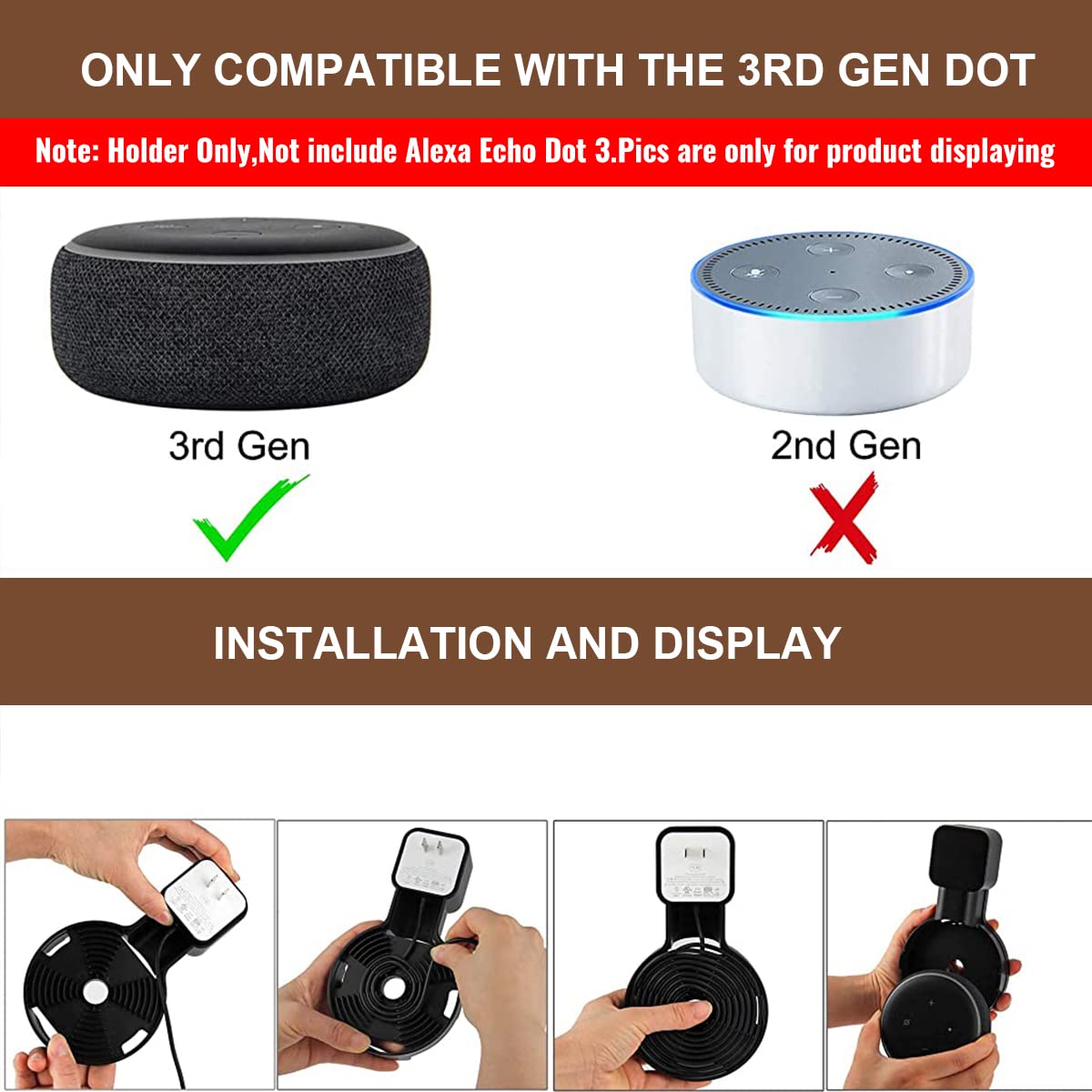 ZORBES Wall Holder for Alexa Echo Dot 3rd Generation with 4.13 in Fit | Cord Organizer