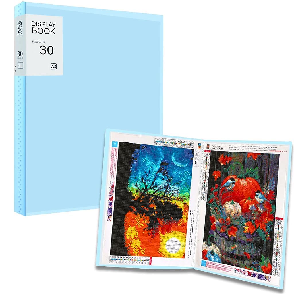HASTHIP A3 30 Pages Diamond Painting Storage Book for Diamond Painting Kits, Clear Folder Storage Bag, Art Portfolio Painting Storage Book for Diamond Painting Kit, 16.9X12.6inches (Blue)