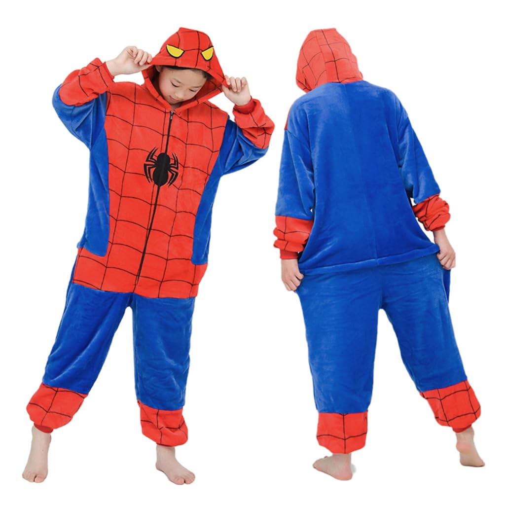 PALAY® Winter Kids Pajama Soft Plush Spiderman Pajama Warm Plush Kids Spiderman Hooded Pajama Girls Boys Pajama Party Costume Zipup Spiderman Pajama for 5-6 Years Old