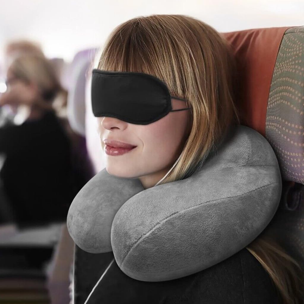 HANNEA® Inflatable Travel Pillow for Airplane, Soft Velvet Inflatable Travel Neck Pillow for Traveling, Airplanes, Train, Car, Office, Suit for Adults Sleeping, with Eye Masks, Earplugs