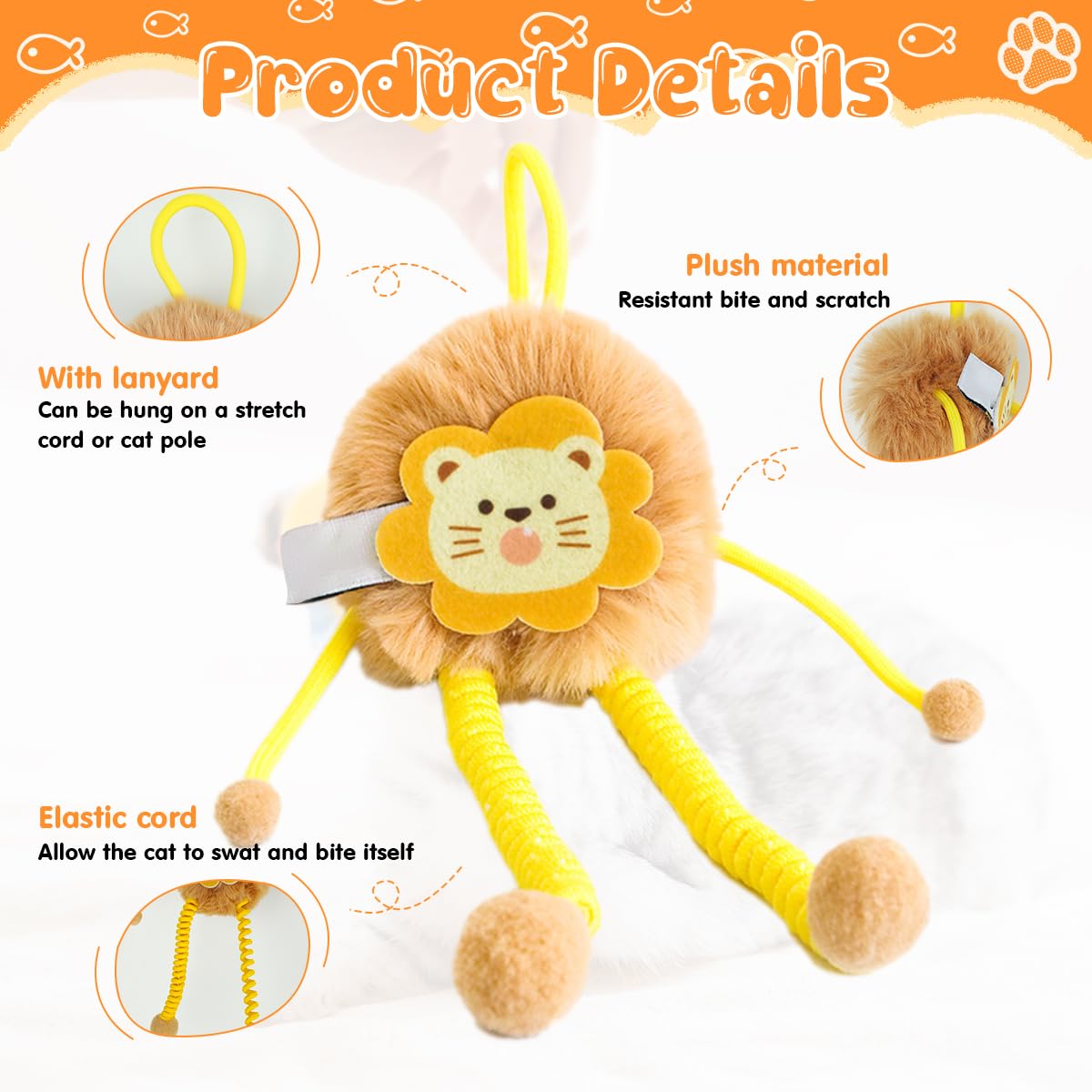 Qpets Cat Plush Toy for Indoor Playtime with Elastic Hanging Rope and Soft Lion Design