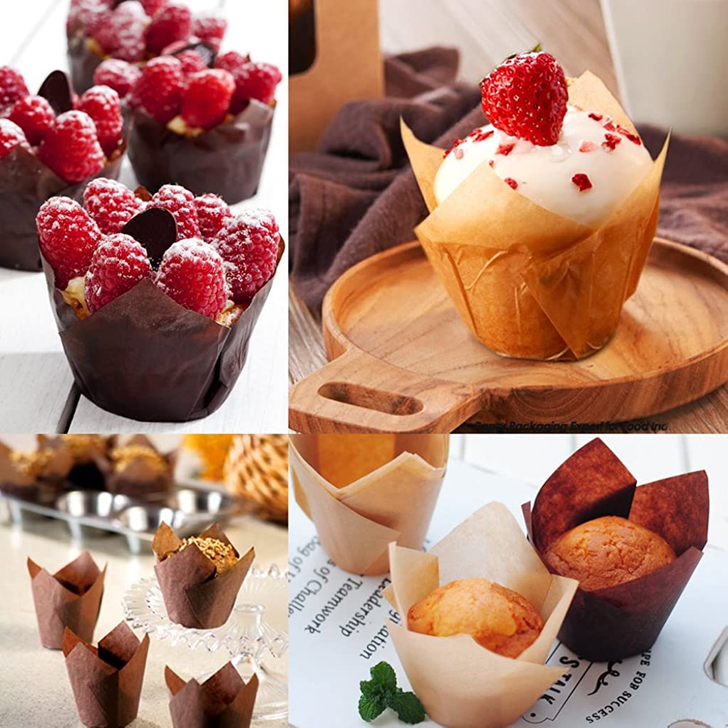Supvox Cupcake Liners for Baking Weddings and Birthdays featuring 100pcs 5cm Greaseproof Paper | Brown and Beige Tulip Muffin Cups
