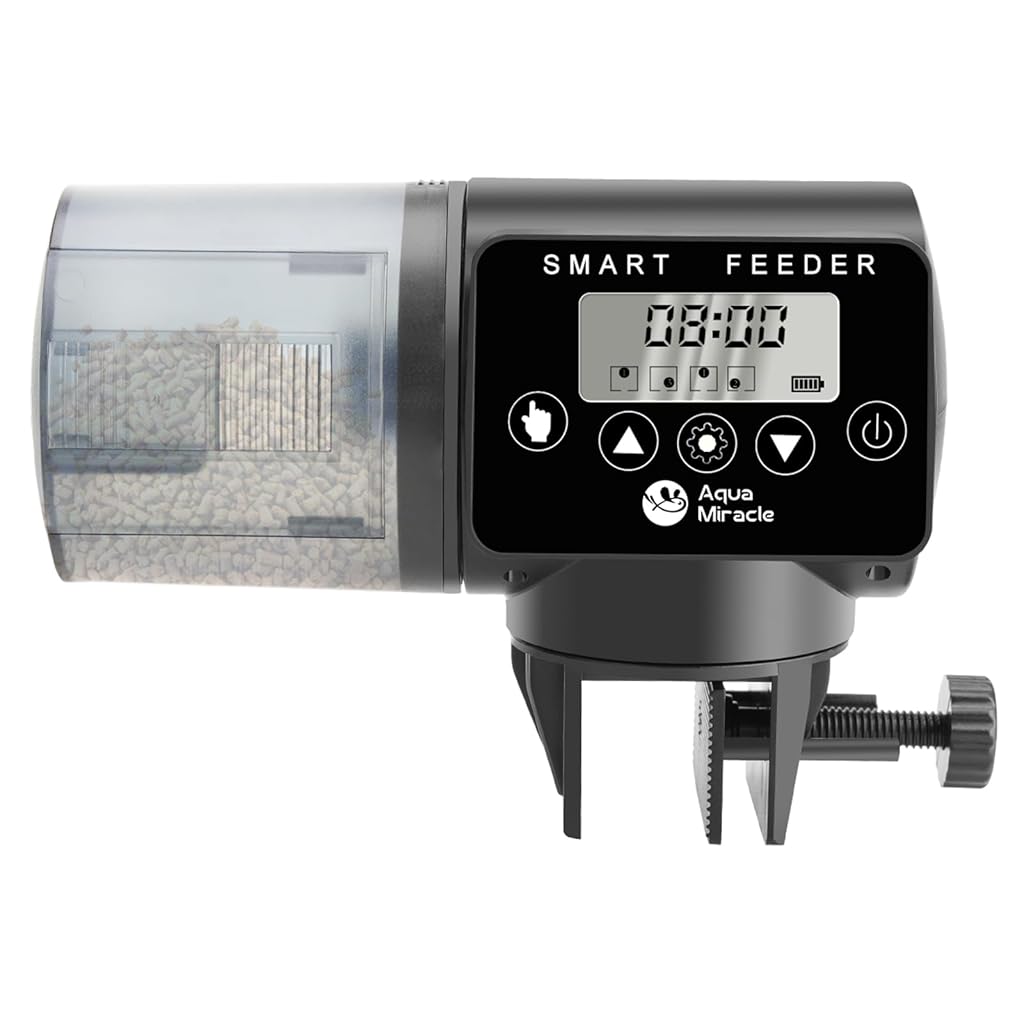 Qpets® Automatic Fish Feeder, 290ml Capacity, Programmable Fish Food Dispenser with Timer, Battery Operated, Flexible Installation, LCD Display, Adjustable Food Outlet for Portion Control
