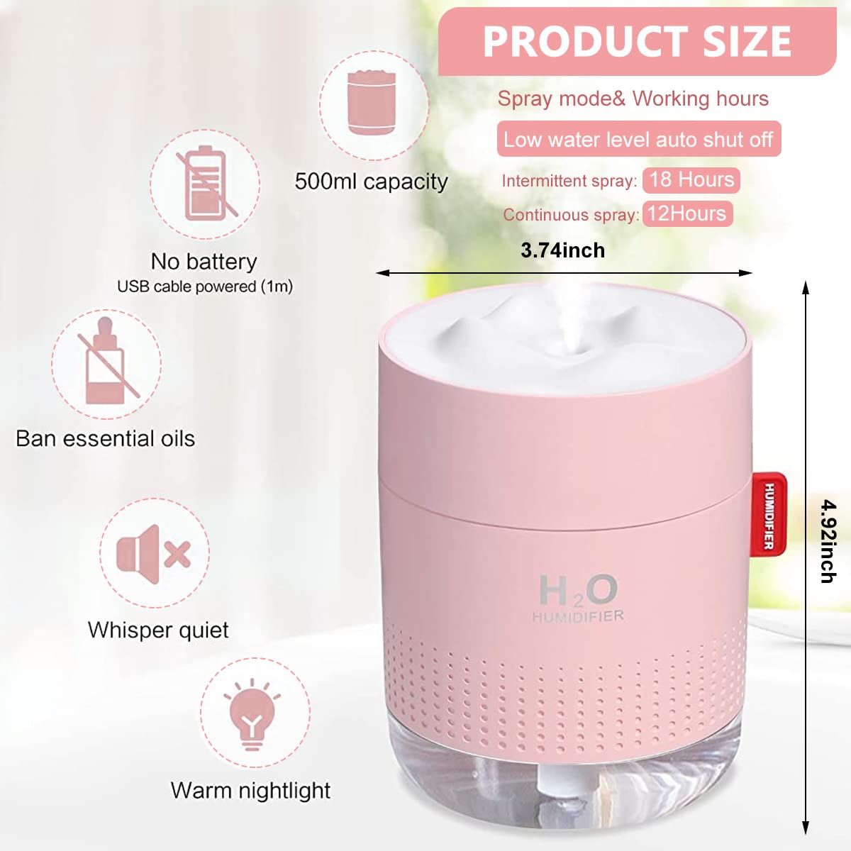 HANNEA Humidifier for Bedroom with 500ml Tank and 26dB Ultrasonic Cool Mist | USB Auto-Off