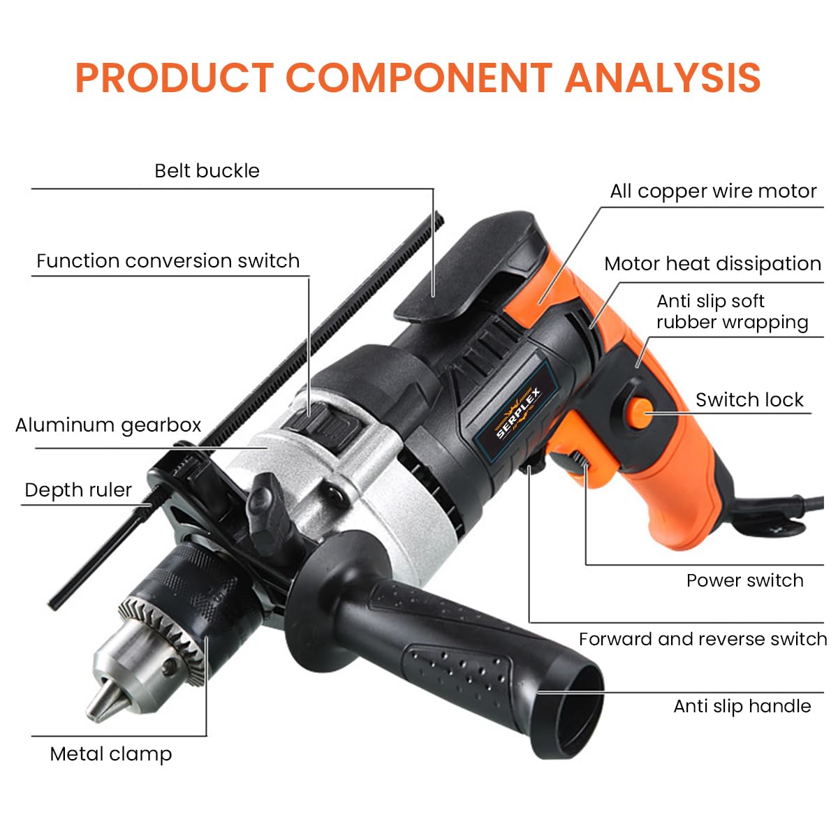 Serplex® Drill Machine for Home Use 780W 30000 RPM 13 mm Variable Speed, Forward/Reverse Rotation Hammer Drill Machine, Aluminum Heat Dissipation Shell, Wire Length 2 M, for Home Improvement Projects