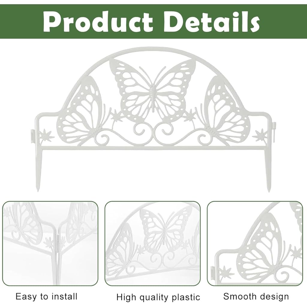 HASTHIP® Outdoor Garden Fence Border Edging Decorative Cut Out Butterfly Picket Panels Plastic Flower Fencing for Pathway Yard Lawn 8PCS