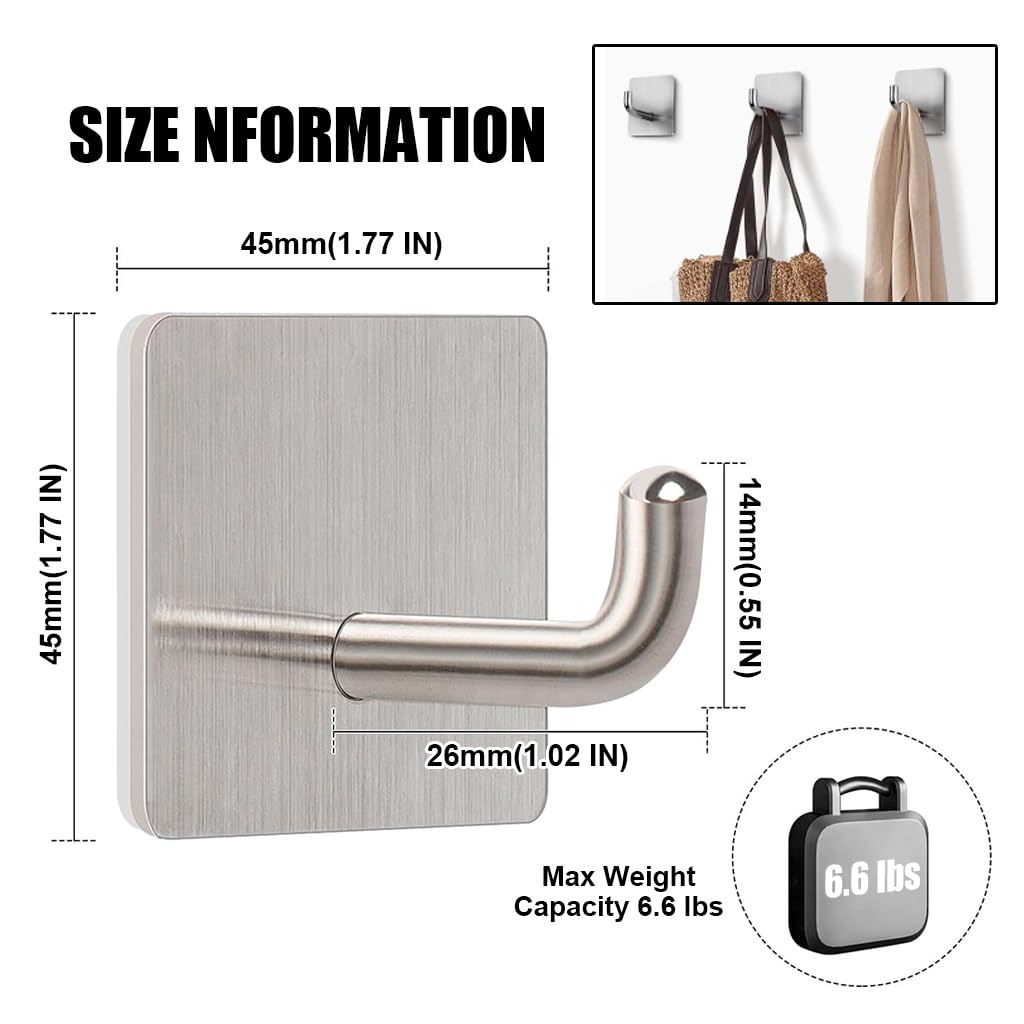 HASTHIP Self Adhesive Wall Hooks for Bathroom and Kitchen with 6.6lbs Capacity | Rust-Proof Stainless Steel Pack of 8