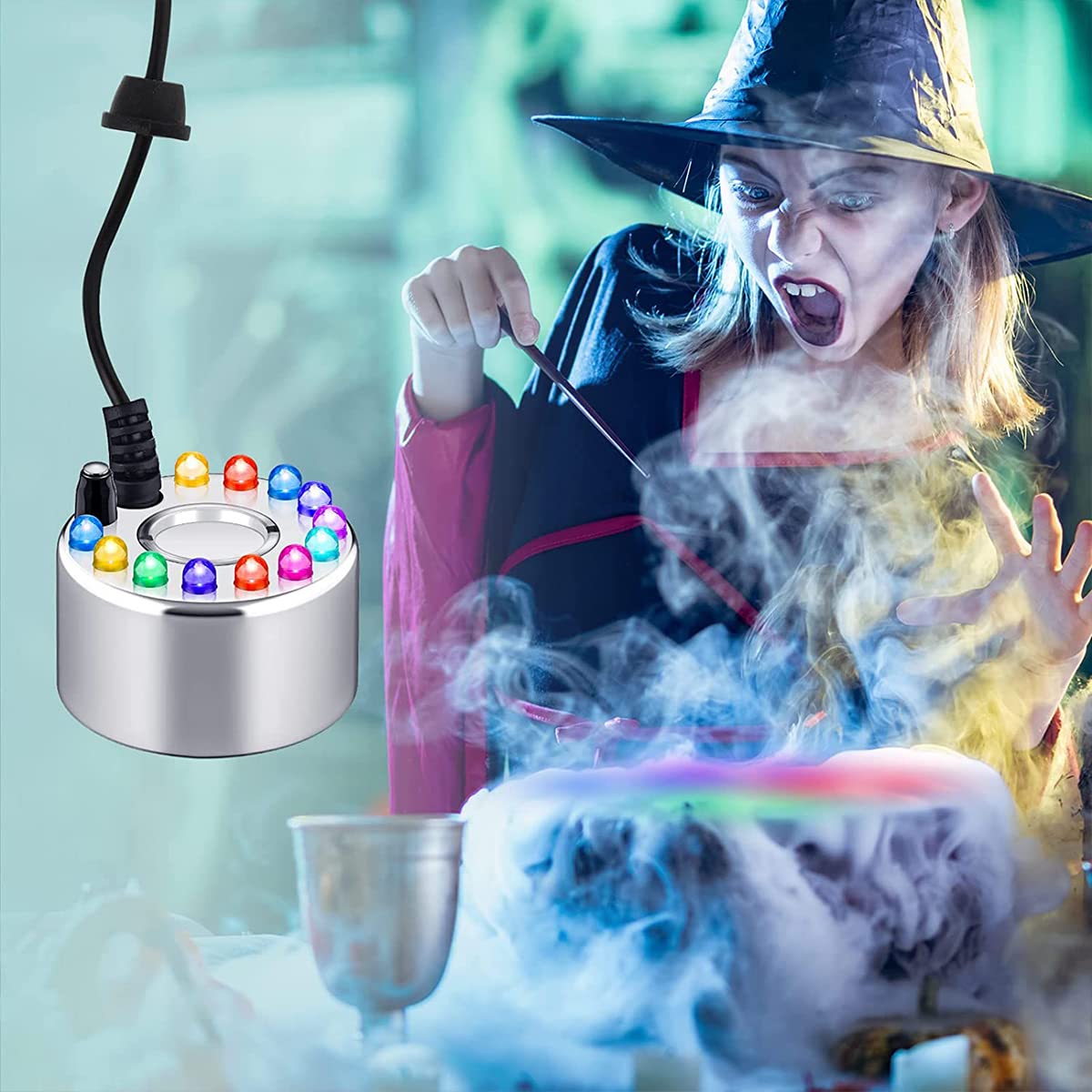 Qpets Mist Maker for Aquarium with RGB LED, Fog Machine Smoke, Water Smoke Machine Auto Misting Mist Maker Air Humidifier for Small Aquarium, Water Fountain, Halloween Pumpkin, Theme Party