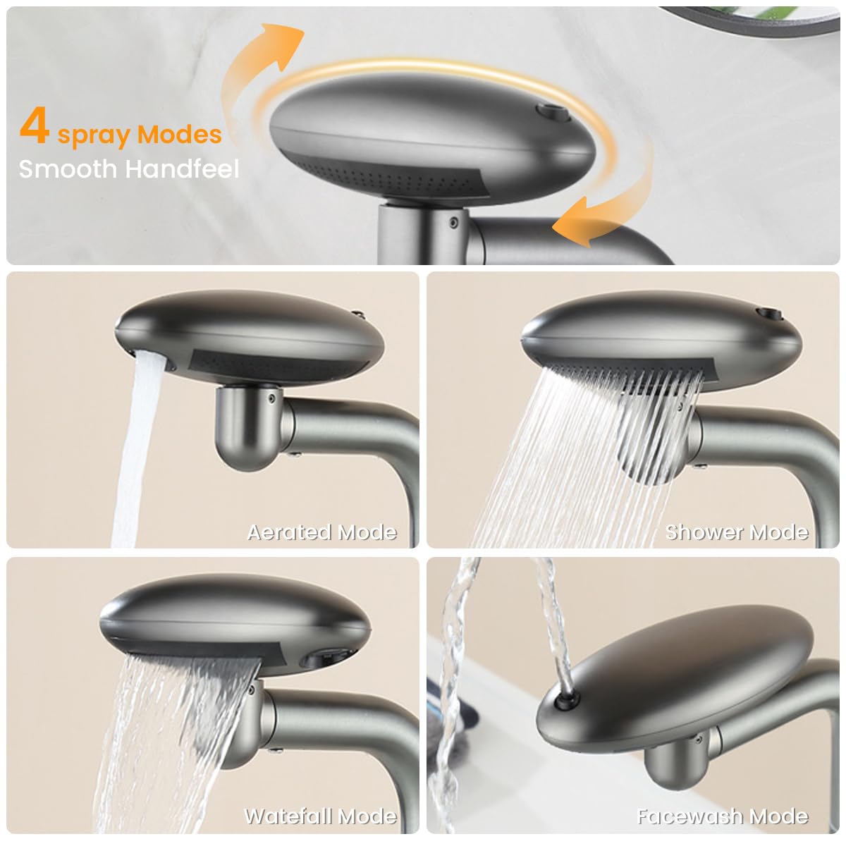 HASTHIP Waterfall Bathroom Sink Faucet for Modern Basins with 4 Modes 360° Rotation Gray