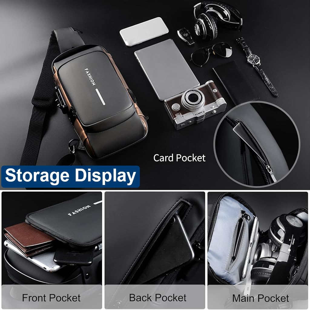 ZIBUYU Chest Bag for Men Waterproof Anti Theft Backpack Small Sling Bag for Men Travel Oxford Cloth with Safety Password Lock USB Port Crossbody Bag for Men Outdoor, Black