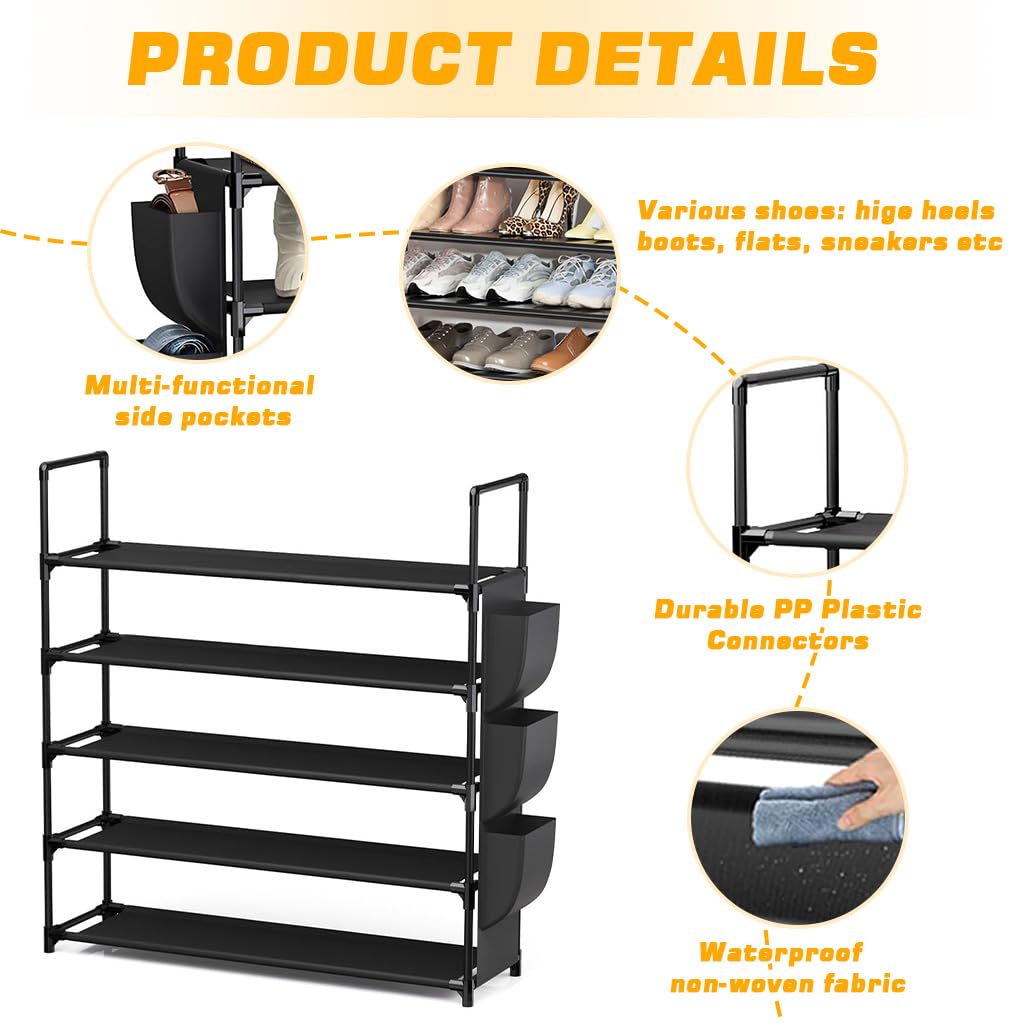 HASTHIP Shoe Rack for Entryway with 5 Tiers and 3 Side Pouches 85x28x88cm Non Woven Fabric