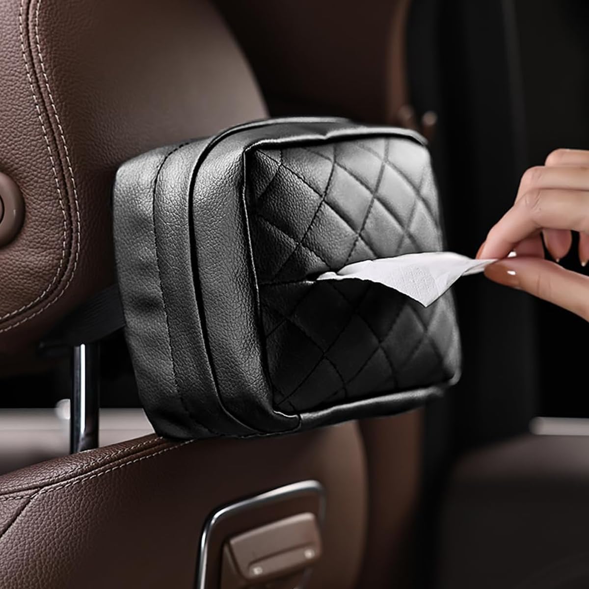 STHIRA® Car Tissue Holder, Universal Car Tissue Paper Holder PU Leather Car Tissue Box Holder Car Back Seat Hanging Tissue Box Holder for Car, Headrest Car Backseat Tissue Paper Box with Quick Relase Buckle