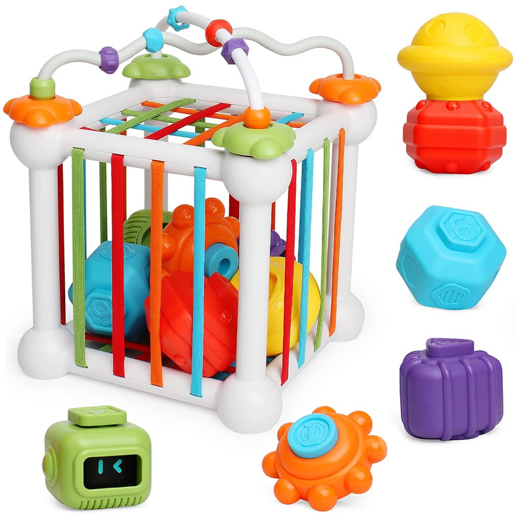 ZIBUYU Shape Sorter Toys for Kids with 6 Blocks and Elastic Band Cube | Safe ABS and Silicone