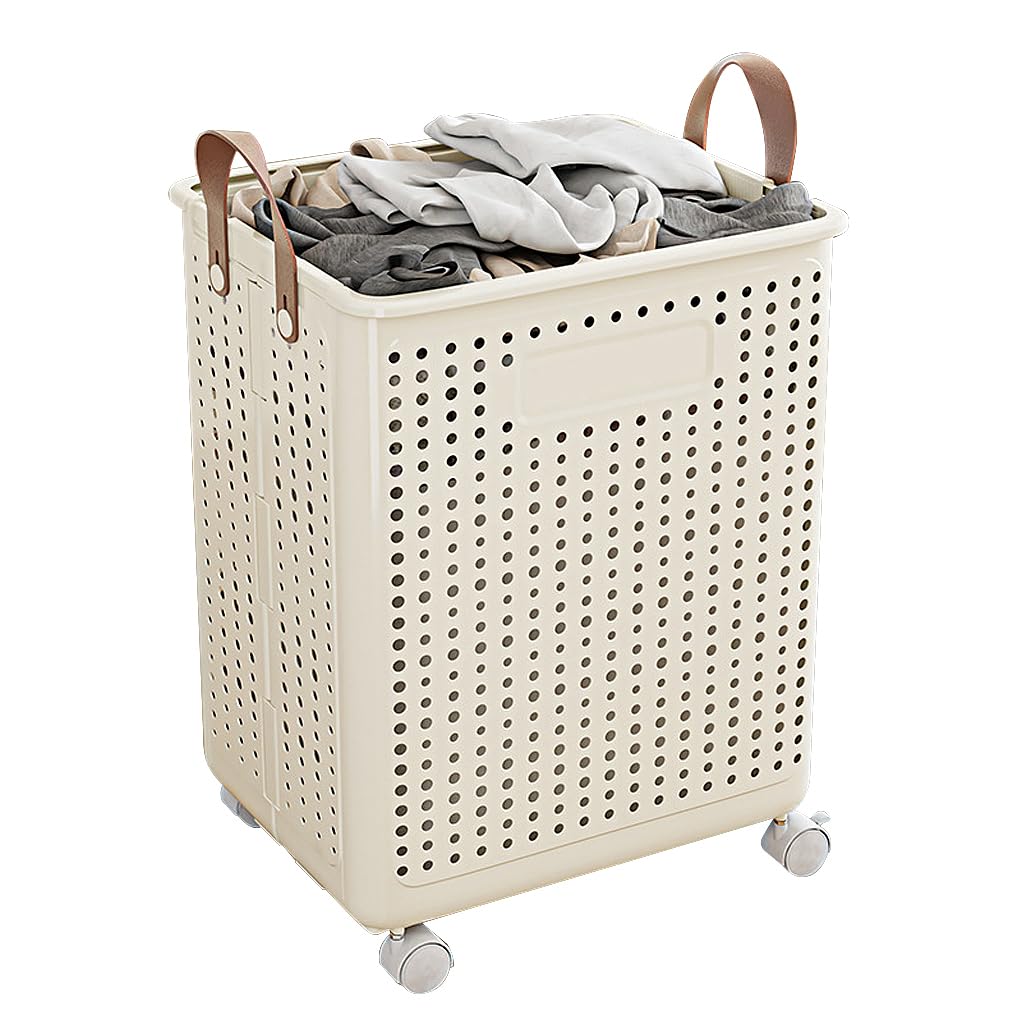 Supvox® Laundry Basket Laundry Cart with Wheels Folding Laundry Hamper Plastic Folding Laundry Basket with Handle Ventilation Mesh Hole Design Moving Laundry Basket Cart, 37.7x31x50cm