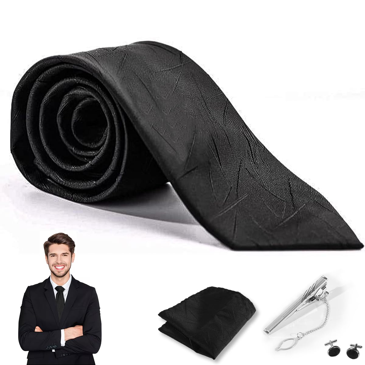 GUSTAVE® Tie for Men Formal Ties Combo Set with Pocket Square, Cufflinks and Tie Clip, Casual Business Black Neck Tie for Men Gift