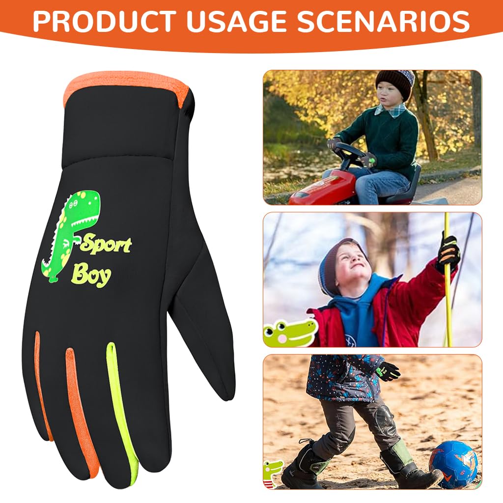PROBEROS Child Winter Riding Gloves for Outdoor Sports with Reflective Dino Pattern | Windproof Splashproof Coral Fleece Thermal Liner
