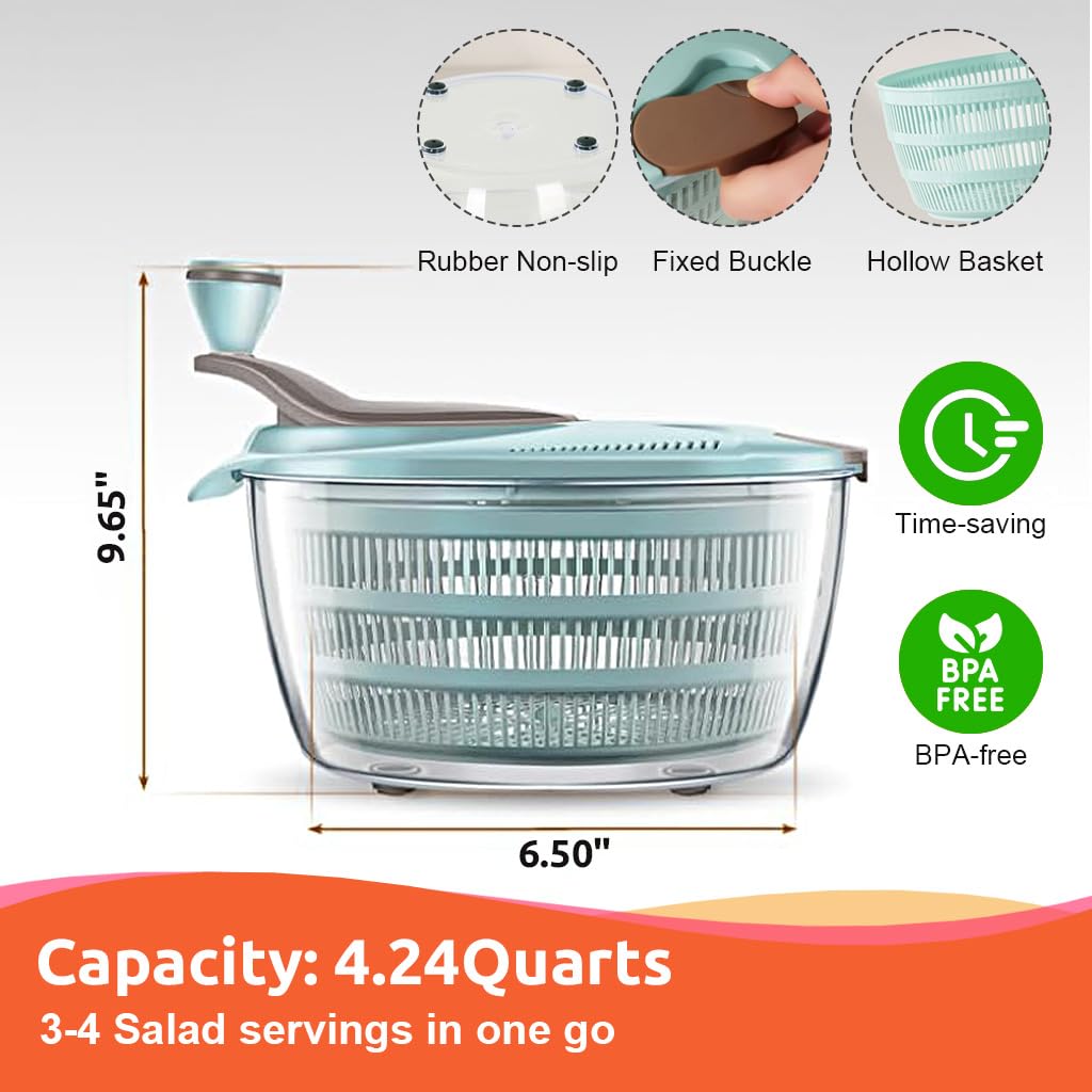 Supvox Salad Spinner for Vegetables and Fruits with 4.24 Quart Bowl featuring Dual Drainage Holes