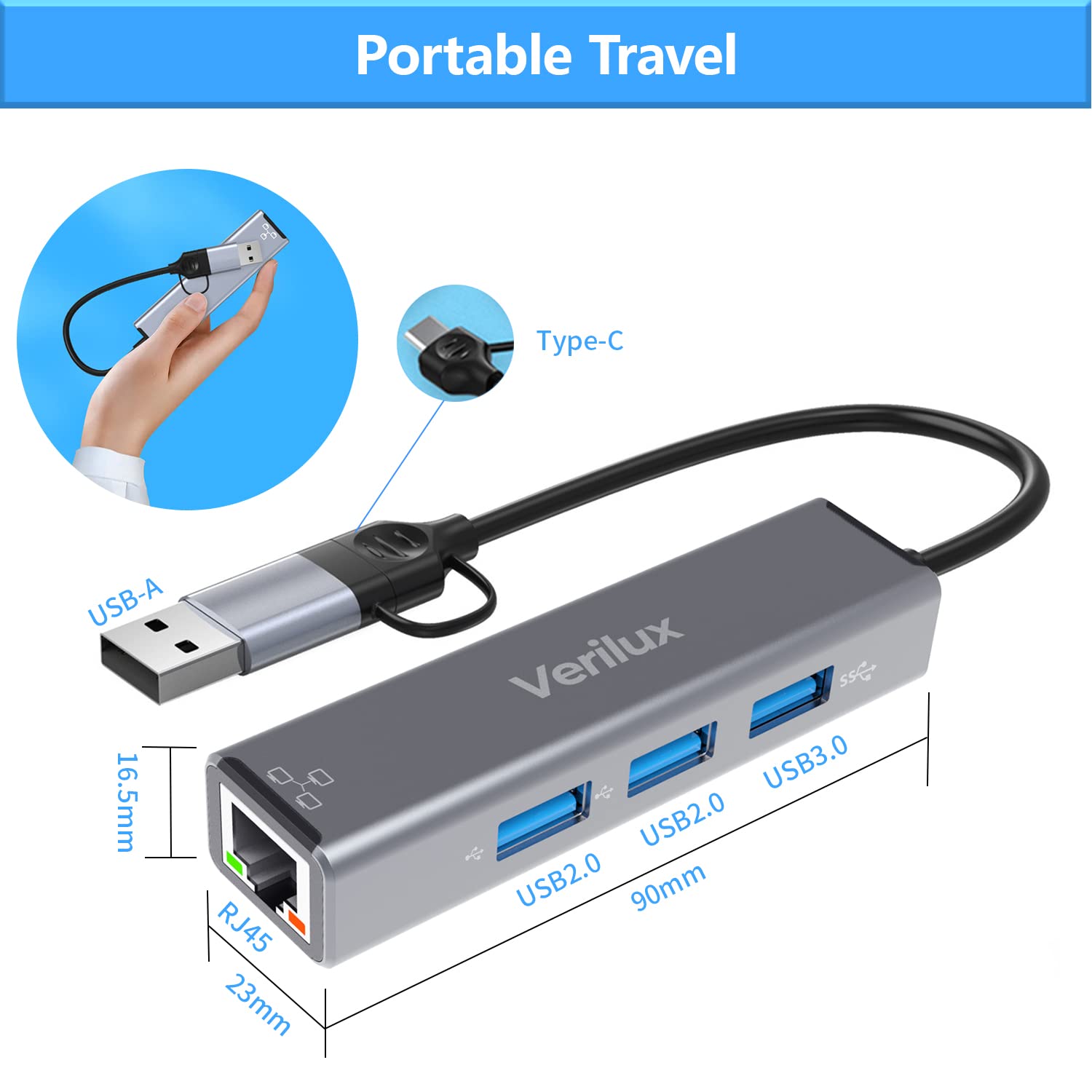 Verilux® USB C Hub 4 in 1 USB Type C Hub with USB Adapter USB Hub with 100Mbps RJ45 LAN Port and 2 USB 2.0 Ports and 1 USB 3.0 Port for MacBook Air/Pro 13/15 and More