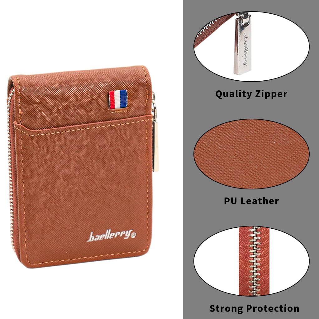 ZIBUYU Card Wallet for Women and Men with 9 Card Slots and ID Window | Brown PU Leather